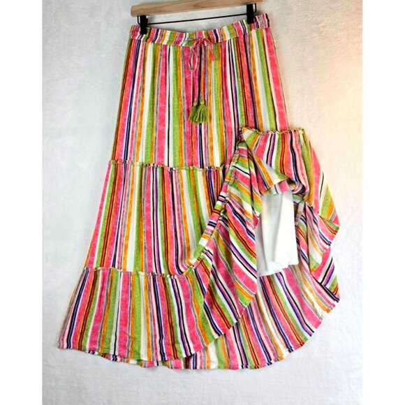 Boho Maxi Skirt Tiered Ruffle Colorful Sz L Gypsy Blu Vertical Hippie Cottage - Picture 3 of 13